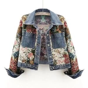 Floral Printed patchwork long sleeve Denim jacket
